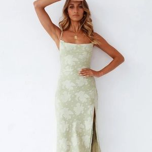 Floral cowl neck high slit slip midi dress - sage